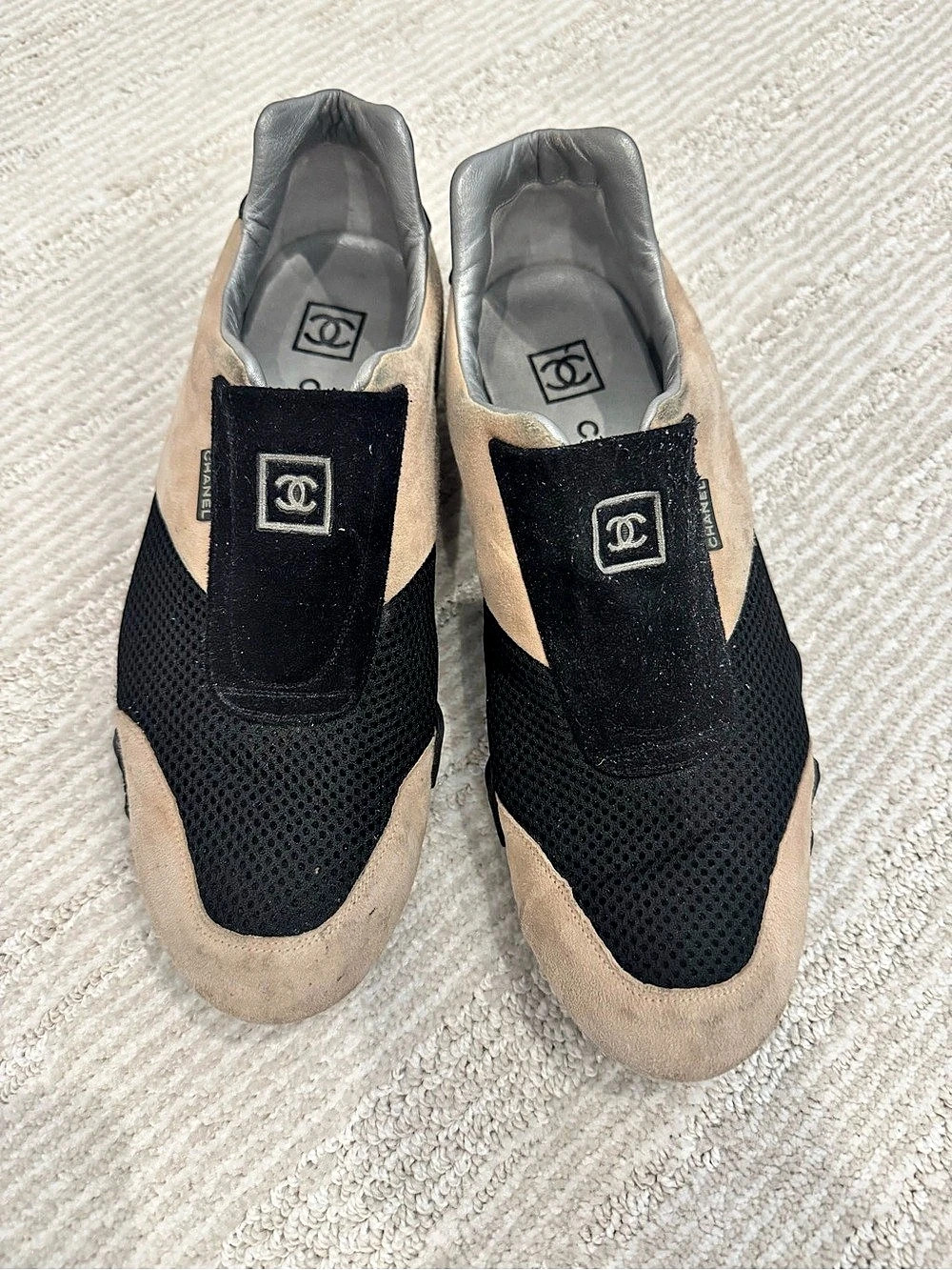 Chanel Mesh & Suede CC Logo Low-Top Sneakers Black & Beige